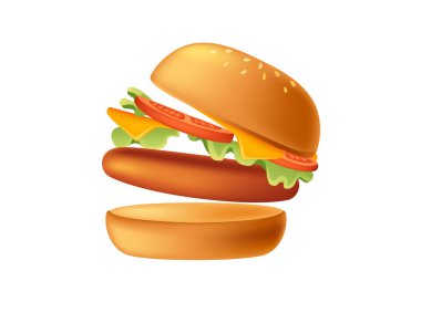 Köfteli, domatesli, peynirli ve marullu 3 boyutlu çizgi film hamburgeri. Lezzetli çörek. Fast food yemeği. Vektör illüstrasyonu beyaz arkaplanda izole edildi.