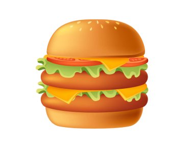 Çift köfteli, domatesli, peynirli ve marullu karikatür 3D tarzı burger. Lezzetli çörek. Fast food yemeği. Vektör illüstrasyonu beyaz arkaplanda izole edildi.