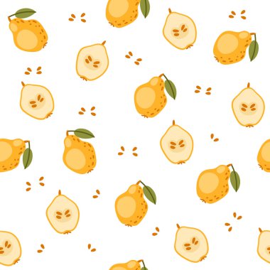 Beyaz arka planda kusursuz armut deseni. Gıda ambalajı, meyve temalı tasarımlar ya da yeni titreşimli dijital projeler için ideal. Vektör illüstrasyonu.