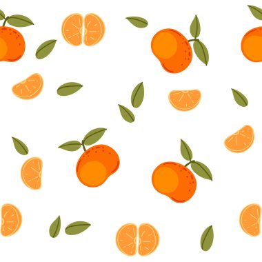 Yeşil yapraklı kusursuz Mandarin deseni, dilimlenmiş tropikal narenciye meyvesi. Olgun egzotik beslenme yiyeceği, basit çizgi film tarzı. Beyaz arkaplanda düz vektör illüstrasyonu.