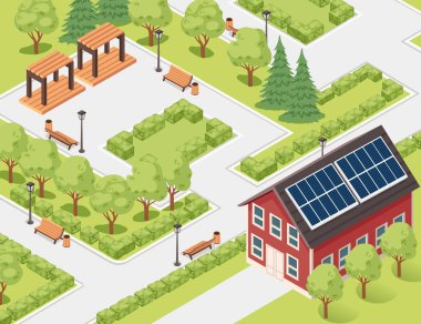 Ağaçları, bankları, patikaları ve çardağı olan Isome parkı. Şehir ya da açık hava tasarımları için mükemmel. Vektör illüstrasyonu.