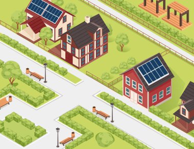 Evleri, güneş panelleri ve yeşillikleri olan Isometric sokak manzarası. Konut ve şehir tasarımları için harika. Vektör illüstrasyonu.
