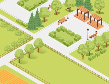 İzometrik park planı ve ağaçlarla çevrili yollar. Şehir planlama ya da emlak tasarımları için mükemmel. Vektör illüstrasyonu.