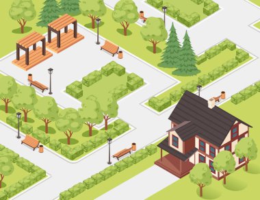 Bir yerleşim bölgesinde ağaçlar, banklar ve patikalar olan Isometric parkı. Açık havada veya emlak görselleri için uygun. Vektör illüstrasyonu.