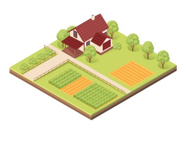 Toprak katmanlı Isometric blok. Kırmızı bir evi, sebze bahçeleri, ağaçları ve patikaları olan bir çiftlik. Kırsal alanlar, tarımsal tasarımlar ya da eko-yaşayan görseller için idealdir. Vektör illüstrasyonu.