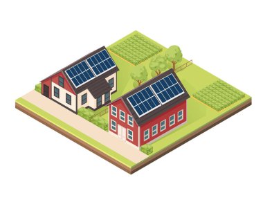 Toprak katmanlı Isometric blok. Evlerin, güneş panellerinin, bahçelerin, tarlaların ve ağaçların olduğu yeşil bir manzara. Kırsal alanlar, eko-yaşam ya da tarımsal görseller için idealdir. Vektör illüstrasyonu.