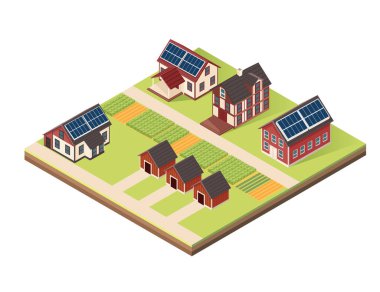 Toprak katmanlı Isometric blok. Evleri, güneş panelleri, ağaçları ve açık arazileri olan küçük bir mahalle. Kırsal kesim tasarımları ya da konut görselleri için mükemmel. Vektör illüstrasyonu.