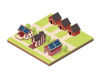 Toprak katmanlı Isometric blok. Çoklu evler, güneş panelleri, sebze arsaları ve iyi korunan bir yol ağı olan kırsal bir yer. Vektör illüstrasyonu.
