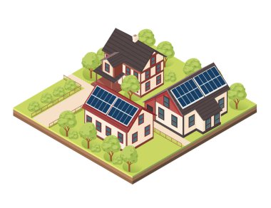 Toprak katmanlı Isometric blok. Birden fazla ev, güneş panelleri, bahçeler ve tarım arazisi olan bir topluluk. Sürdürülebilir konutlar ve kırsal yaşam için harika. Vektör illüstrasyonu.