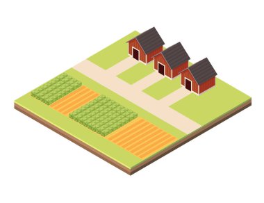 Toprak katmanlı Isometric blok. Tarlaları, yolları ve küçük kırmızı evleri olan tarlalar. Tarımsal tasarımlar, kırsal gelişim ya da toplumsal görseller için mükemmel. Vektör illüstrasyonu.