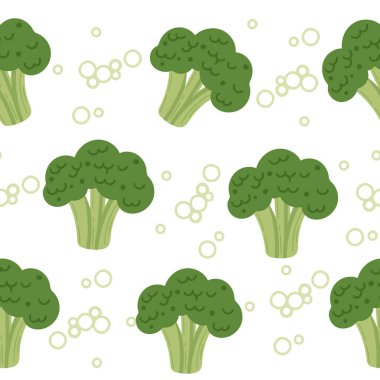 Kusursuz desen. Taze brokoli başları ve çiçekleri, sağlıklı beslenmeyi, yemek tariflerinde aşçılık kullanımını ve bahçe ürünlerinin özelliklerini teşvik etmek için idealdir. Olgun, lezzetli yeşil sebze. Düz vektör illüstrasyonu.
