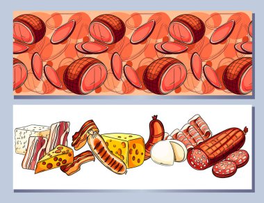Modelde çeşitli etler, peynirler ve ekmek ürünleri yer alıyor. Şarküteri menüleri, yemek servisi reklamları ya da yemek paketleri için ideal. Vektör illüstrasyonu.