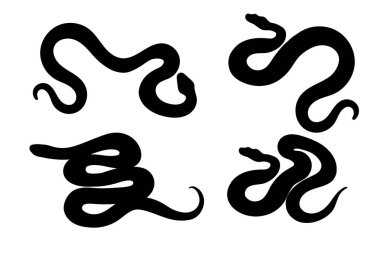 Çeşitli sarmalanmış ve sürünen yılan siluetleri koleksiyonu. Logo tasarımı, vahşi yaşam görselleri ya da minimalist projeler için harika. Vektör illüstrasyonu beyaz arkaplanda izole edildi.