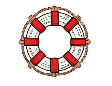 El çizimi taslak tarzı Lifebuoy ip detaylarıyla. Kırmızı ve beyaz klasik can simidi. Deniz güvenliği ya da deniz markası için harika. Vektör illüstrasyonu.
