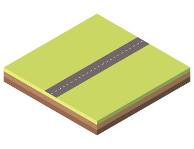 Yeşil bir araziden geçen düz bir yolu olan Isome arazisi. Farklı toprak katmanlı kare toprak bloğu. Vektör illüstrasyonu beyaz arkaplanda izole edildi.