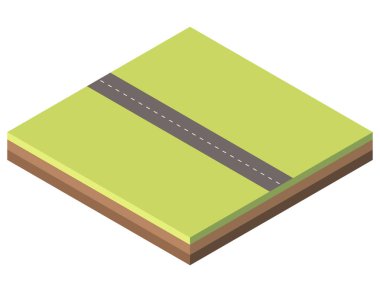 Yeşil bir araziden geçen düz bir yolu olan Isome arazisi. Farklı toprak katmanlı kare toprak bloğu. Vektör illüstrasyonu beyaz arkaplanda izole edildi.