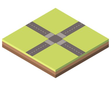 Yeşil arazide kavşağı olan Isome arazisi. Farklı toprak katmanlı kare toprak bloğu. Yol işaretleri, yaya geçidi. Vektör illüstrasyonu beyaz arkaplanda izole edildi.