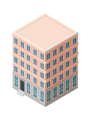 Mavi pencereli, pembe bej bir apartman dairesi. Zemin kattan girişi olan beş katlı bir şehir evi. Tek tip pencere desenli bir şehir. Modern çoklu aile konutları.