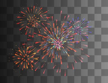 Parlak altın havai fişekler patladı. Parlak kıvılcımlı renkli bir patlama. Parlak izleri olan birden fazla patlama şekli. Vektör etkisi gösterimi şeffaf arkaplanda izole edildi.