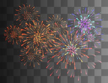 Parlak altın havai fişekler patladı. Parlak kıvılcımlı renkli bir patlama. Parlak izleri olan birden fazla patlama şekli. Vektör etkisi gösterimi şeffaf arkaplanda izole edildi.