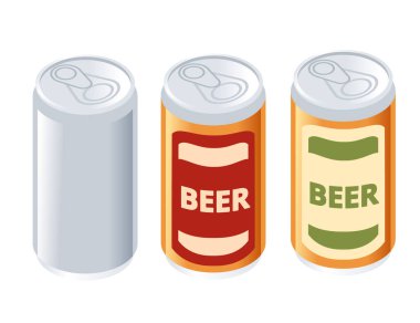 Alüminyum kutularda izometrik bira seti. Bira etiketli kırmızı ve yeşil bira kutuları. Boş model konteynır. Alkol sıvı içer. Vektör illüstrasyonu beyaz arkaplanda izole edildi.