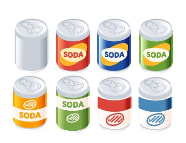 Renkli etiketli Isometric soda kutusu koleksiyonu. Kırmızı, mavi, yeşil ve sarı içecek kapları. Çeşitli meşrubatlar. Farklı aromalı karbonatlı içecekler. Vektör çizimi izole edildi.