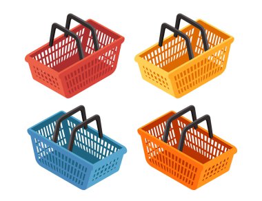 Siyah saplı dört adet plastik alışveriş sepeti. Sarı market taşıyıcısı. Mavi sepet. Turuncu market sepeti. Plastik perakende şirketleri. Çift saplı market tutucuları. İzometrik illüstrasyon.