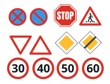 Trafik işaretleri koleksiyonu. Kırmızı dur işareti. Sarı kare uyarısı. Hız limiti daireleri (30, 40, 50, 60). Kırmızı üçgen tehlike işaretleri. Park sembolü yok. Yol düzenleme göstergeleri.