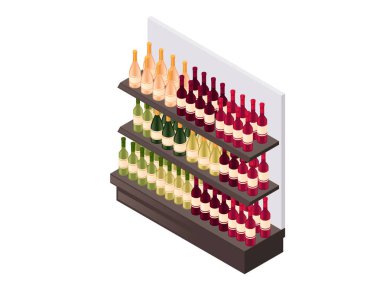 Birden fazla şişesi olan şarap rafı. Kırmızı, beyaz ve gül şaraplı organize alkol rafı. Perakende içki bölümü. Şişe dolu süpermarket şarap reyonu. Vektör illüstrasyonu izometrik.