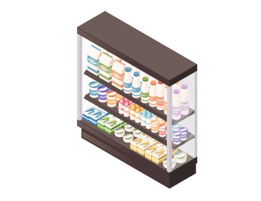 Süt ürünleriyle Isome market rafları. Çok katlı soğutmalı ekran. Süpermarket süt reyonu. Mağaza malzemeleri, perakende buzdolabı. Vektör illüstrasyonu beyaz arkaplanda izole edildi.