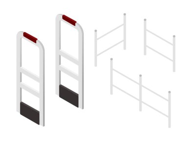 Isometric koleksiyonu. Güvenlik kapıları ve hırsızlıkla mücadele sistemleri. Giriş sensörlerini çalıştır. Elektronik madde izleme ekipmanları. Dükkanın girişindeki güvenlik engelleri. Vektör illüstrasyonu.