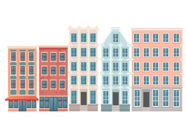 Pastel renklerde binalar. Pembe, kırmızı ve mavi pencereli beyaz kasaba evleri. Çok katlı kentsel cepheler. Tarihi şehir sokak mimarisi. Vektör illüstrasyonu beyazda izole edildi.