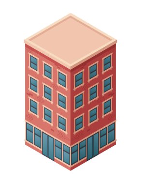 Mavi pencereli kırmızı bir bina. Düz çatılı çok katlı ticari yapı. Modern şehir mimarisinin köşe manzarası. Dört katlı ev. Kare pencereler şebeke şeklinde. Vektör.