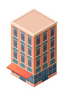 Mavi pencereli bir apartman dairesi. Çok katlı bir bina. Kırmızı güneşlikli köşe manzarası. Üst katlarda yerleşim yerleri olan ticari zemin kat. Vektör illüstrasyonu.