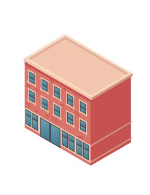 İzometrik manzaralı kırmızı tuğla bina. Mavi pencereli bir şehir binası. Birden fazla penceresi olan üç kat. Ticari zemin seviyesi. Daire ya da ofis binası. Düz çatılı şehir mimarisi.