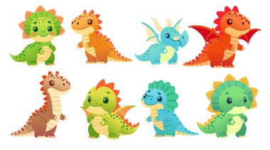 Bir grup küçük dinozor. Çeşitli efsanevi yaratıklar. Ortaçağ fantezi ejderhaları. Tatlı çizgi film sürüngen tasarımı. Vektör illüstrasyonu beyaz arkaplanda izole edildi.