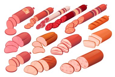 Muhtelif sosisli et koleksiyonu. Salam, tütsülenmiş et, haşlanmış sosis ve jambon. Dilimlenmiş parçalar ve tüm gıda ürünleri. Market için hazırım. Vektör illüstrasyonu beyazda izole edildi.