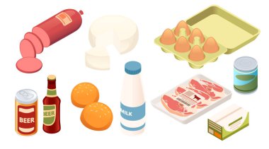 Isometric yiyecek çeşidi seti. Paketsiz ve yiyeceksiz. Yumurta, peynir, etli sosis ve bira. Süpermarketler ve marketler için. Vektör illüstrasyonu beyaz arkaplanda izole edildi.