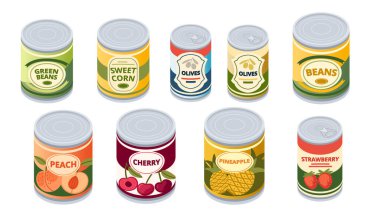 Konserve yiyecek koleksiyonu. Korunmuş sebzeler ve meyveler. Metal teneke ve yiyecek. Renkli etiketli ambalaj. Beyaz arkaplan, izometrik görünümde izole edilmiş vektör illüstrasyonu.