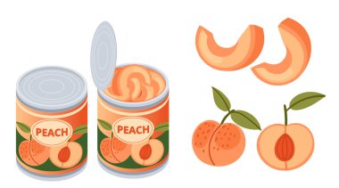 Konserve şeftali koleksiyonu. Korunmuş meyve. Meyveli metal kutu. Renkli etiketli ambalaj. Beyaz arkaplan, izometrik görünümde izole edilmiş vektör illüstrasyonu.