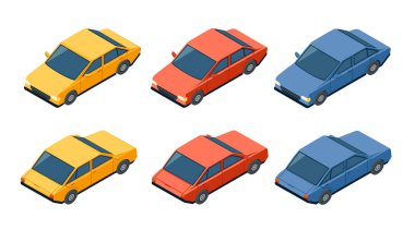 Bir dizi izometrik araba. Çizgi film tarzı araçlar. Renkli sedan tarzı bir araba. Kırmızı, mavi ve sarı otomobil. Vektör illüstrasyonu beyaz arkaplanda izole edildi.