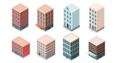 Çeşitli mimari tarzlara sahip izometrik binalar koleksiyonu. Çok katlı yapılar. Konut ve ofis inşaatı. Vektör illüstrasyonu beyaz arkaplanda izole edildi.