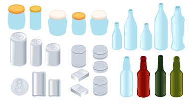 Büyük bir yiyecek ve içecek kutusu koleksiyonu. Farklı şekil ve renklerde şişeler, kavanozlar ve kutular. Boş şablon seti. Etiketsiz ambalaj. Vektör illüstrasyonu beyaz arkaplanda izole edildi.