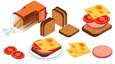 Sandviç malzemeleri ve birleştirilmiş sandviç koleksiyonu. Ekmek ve dilimler. Peynir dilimleri. Domates dilimleri. Sandviç parçaları. Vektör illüstrasyonu beyaz arkaplanda izole edildi.