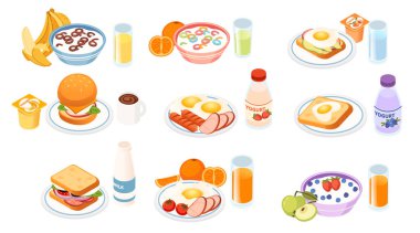 Isometric kahvaltı ve yemek seçenekleri. Mısır gevreği kaseleri. Hamburger. Yağda yumurta. Sandviç çeşitleri. Bardakta çeşitli içkiler. Kahvaltı yiyecekleri koleksiyonu. Vektör illüstrasyonu beyazda izole edildi.