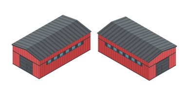 Kızıl endüstriyel binalar. Depo yapıları. Fabrika tesisleri. Metal ve beton endüstriyel yapılar. Ticari depolama binaları. Vektör illüstrasyonu beyazda izole edildi.