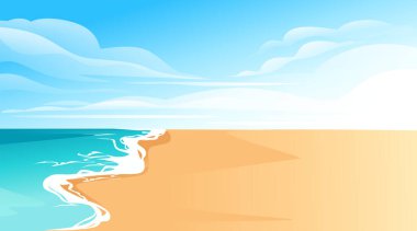 Tropik plaj manzarası. Kıvrımlı kumlu sahil. Nazik dalgalı turkuaz su. Açık mavi gökyüzü. Panoramik deniz manzarasının merkez sağ bölümü. Tatil yeri manzarası. Vektör manzara çizimi.