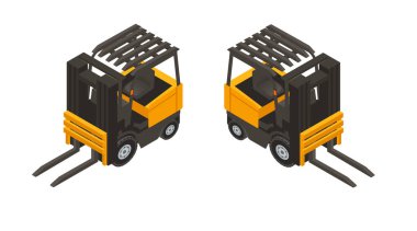 Sarı forklift koleksiyonu. Endüstriyel kaldırma. Depo ekipmanları. Lojistik destek araçları. Paletlenmiş kargo taşıyıcıları. Vektör illüstrasyonu beyaz arkaplanda izole edildi.