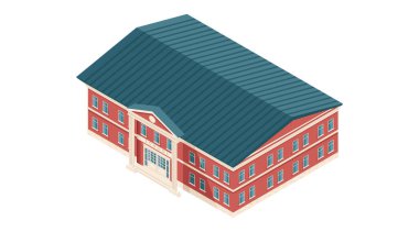 Mavi çatılı Isometric iki katlı bina. Birden fazla penceresi olan kırmızı duvarlar. Ticari ya da ikamet binası. Eğitim ya da ofis binası. Vektör illüstrasyonu beyaz arkaplanda izole edildi.