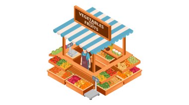 Isome pazarı taze ürünlerle ayakta duruyor. Çizgili tenteli bir market büfesi. Sebze ve meyvelerle besin pazarı tezgahı. Çiftlik ürünleri standı. Açık hava pazarı taze yiyecekler. Vektör çizimi izole edildi.